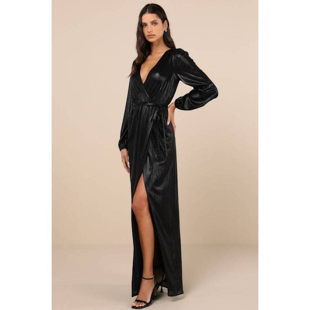 Lulus Extra Aesthetic Black Shiny Long Sleeve Surplice Maxi Dress - Size XS